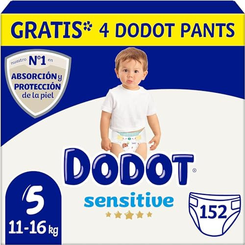 Dodot Pañales Bebé Sensitive Talla 5 (11-16 kg), 152 Pañales + 4 Pants de Regalo, Hasta 12 h De Protección Antifugas y Cuidado de la Piel, Pack Mensual