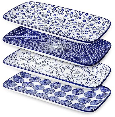Selamica Keramik Servierplatten Set – 4 Stück, 30,5 cm Teller Set, Vintage Blau für Party, Vorspeisen, Salate, Desserts & Sushi