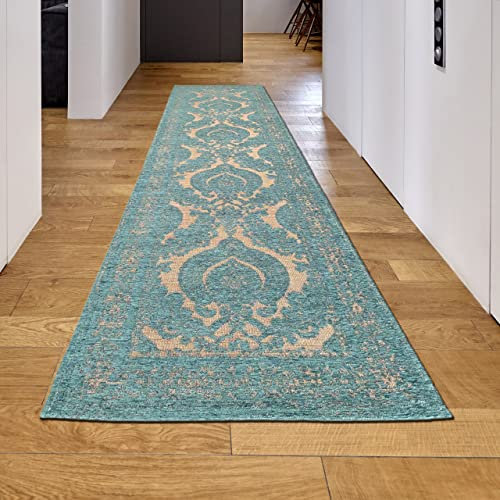 Teppich Wohnzimmer Marokkanisches Muster Modern Ornamente Pflegeleicht Hautsympathisch - Petrol Gold, 80 x 300 cm