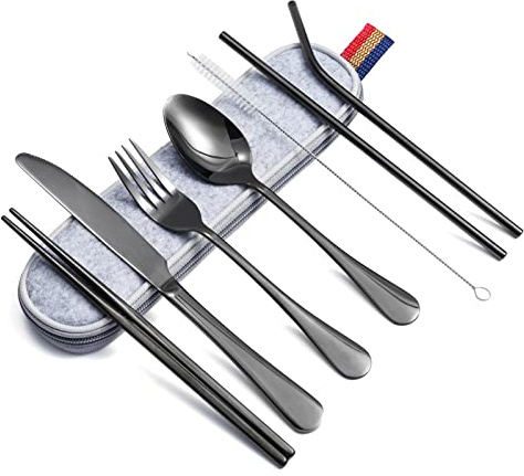 Göffel Reisebesteck, 8 Stück Reise Und Picknick Geschirr 1 Person, Spülmaschinenfest, Inklusive Messer, Gabel, Löffel, Essstäbchen, Reinigungsbürste, Strohhalm Mit Tragetasche,Lichtbeständig (Schwarz)