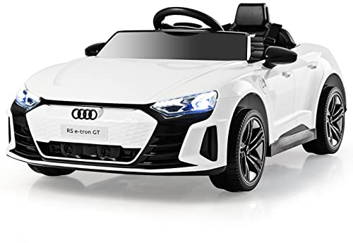 GYMAX Ride on Car, 12V Battery Powered Licensed Audi Toy Car with Remote Control, Music, TF, MP3, USB, High/Low Speed, Slow Start & Safety Belt, Children Electric Vehicle (White)