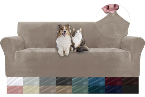 YSTELLAA Samt Sofa Überzug 3 Sitzer, Stretch Sofabezug, Sofaschoner rutschfest, Elastischer Couch Überzug, Sofa Cover Mit Armlehnen, Couchüberzüge Sofaschutz Katze, Khaki