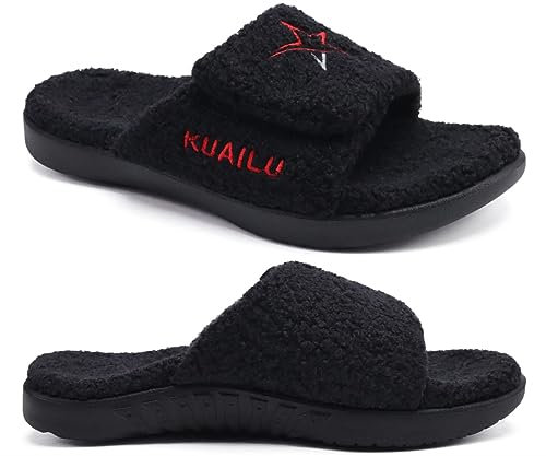 KuaiLu Hausschuhe Herren 45 Winter Warme Flauschige Fussbett Sandalen für Männer mit Klettverschluss Offener Zeh Plüsch Orthopädische Hausschuhe mit Arch Support, Schwarz Weihnachts