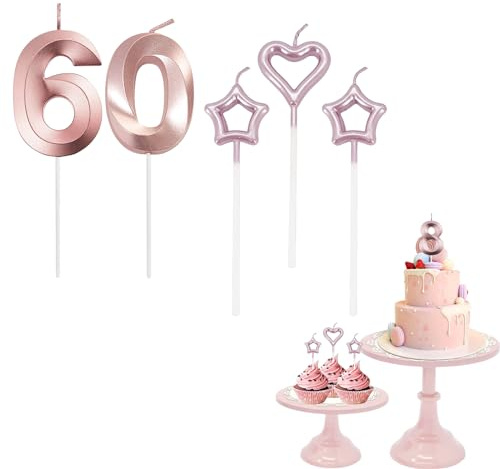 60th Birthday Candles Rose Gold Number 60 Candles for Birthday Cake with Heart-Shaped Candles, Rose Gold 60 Candles for Cake Birthday Cake Topper Decorations for Women Birthday Party
