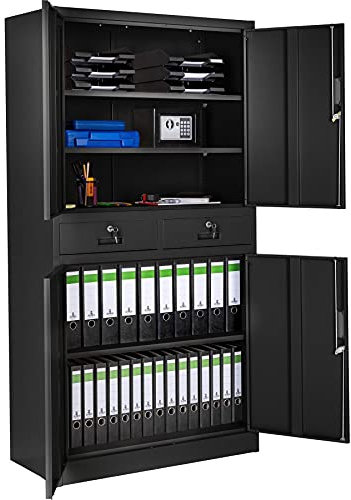 TecTake Armoire de Rangement Metal Armoire de Bureau avec Serrure 4 Portes battantes et 2 tiroirs verrouillables pour Rangement Dossier, 90 x 40 x 180 cm - Noir