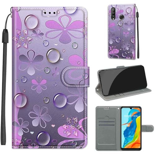 Handyhülle für Huawei P30 Lite Hülle, Huawei P30 Lite Hülle, Premium Leder Flip Klappbare Stoßfeste Magnetische [Standfunktion] [Kartenfächern] Schutzhülle Tasche - Blumen