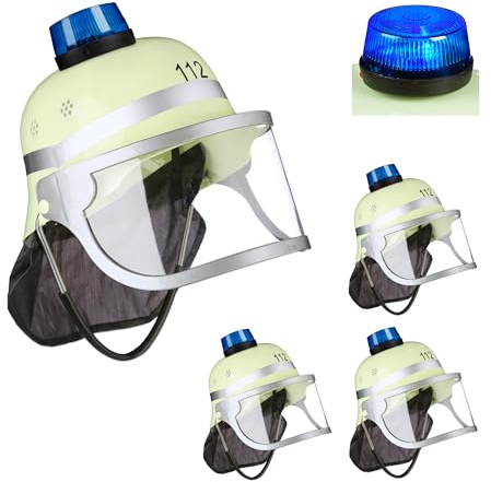 Relaxdays Feuerwehrhelm Kinder 4er Set, verstellbar, klappbares Visier, Nackentuch, Blaulicht, HBT 28,5x22,5x28 cm, gelb