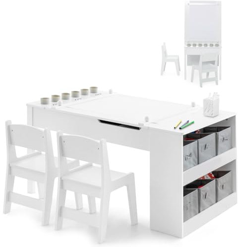 GYMAX 2 in 1 Kids Table and Chairs Set, Wooden Children Art Table with 2 Chairs, 6 Storage Boxes, Paper Roller & Shelves, Toddler Activity Table Set for Drawing (White, 6 Cups: 109 x 60 x 53cm)