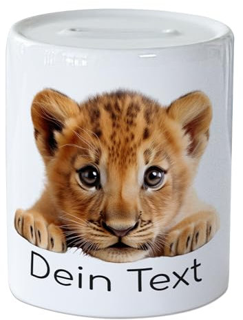 GRAZDesign Spardose Baby Löwe mit Name personalisiert, Geldgeschenk für Mädchen und Jungen aus Keramik