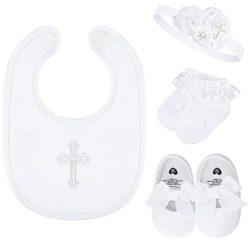 Vinsatin 4 Pcs Baptism Costume Outfits for Girl Includes White Shoes Socks Headband Embroidered U Shaped Bib First Communion(6-12 Months)