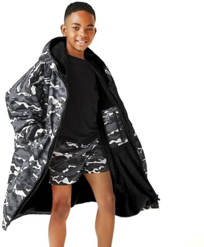 Regatta Wasserdichter Kinder-Bademantel für Kinder, Schwarz Camo/Schwarz, 5 - 9 Jahre