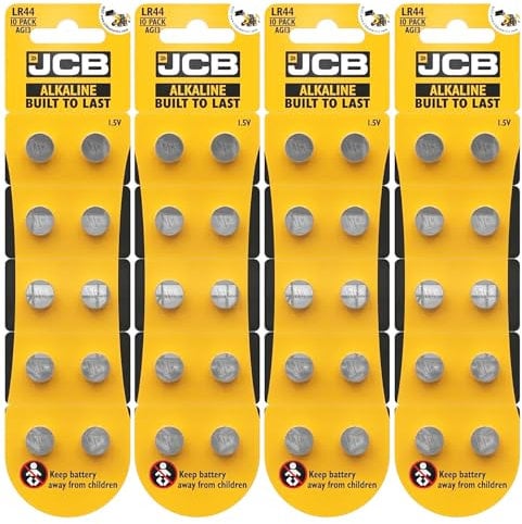 JCB LR44 Batteries, lr44 button cell batteries, lr44 battery, High Capacity AG13 357 303 SR44 L1154F A76 Premium Alkaline Battery 1.5V watch batteries Button Coin Cell Batteries (40 Batteries)