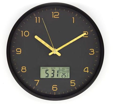 K&L Wall Art Digitale Wanduhr batteriebetrieben analoge Uhr ohne Tickgeräusche Wanduhren mit Datum und Wochentag Schwarz Gold