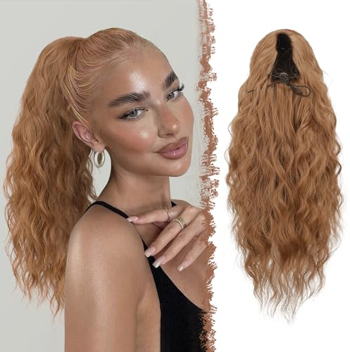 FESHFEN Pferdeschwanz Haarteil mit Kordelzug, Lange Wellen Zopf Verlängerung Haare Extensions Synthetik Wellig Haarverlängerung Clip in Ponytail für Damen, 45 cm Gold Braun
