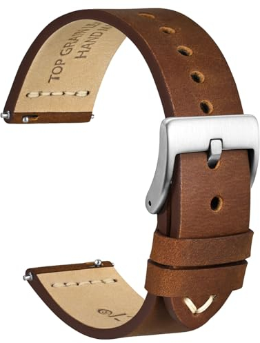 WOCCI 22mm Antikes Uhrenarmband für Herren, Sattelleder, Silberne Schnalle (Karamellbraun)