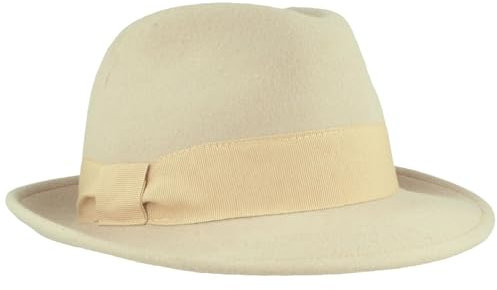 Breiter Damen Filzhut Wollhut Trilby 100% Wolle Wollfilzhut mit Ripsband-Garnitur Mittelbeige L