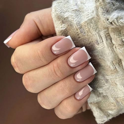 Short French Tip False Nails with Glue - 24PCS Square Press on Nails - Nude White Tips Fake Nails with Glue Stick on Nails - Full Cover Acrylic Nail Tips for Women Girls Nail Art