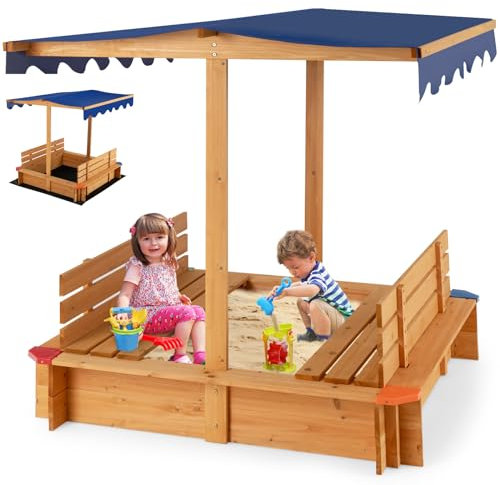 GYMAX Wooden Kids Sandbox, Outdoor Sandpit with Canopy, 2 Convertible Seat Benches, Liner & Protective Corners, Garden Children Sand Box for 3 Years Old+ Boys Girls
