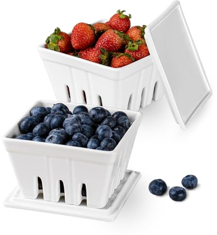 Dizada Set di 2 ciotole in ceramica per frutti di bosco, con coperchio, 12,7 cm, per cucina, per fragole, uva, ciliegie, bacche, in gres, colore bianco