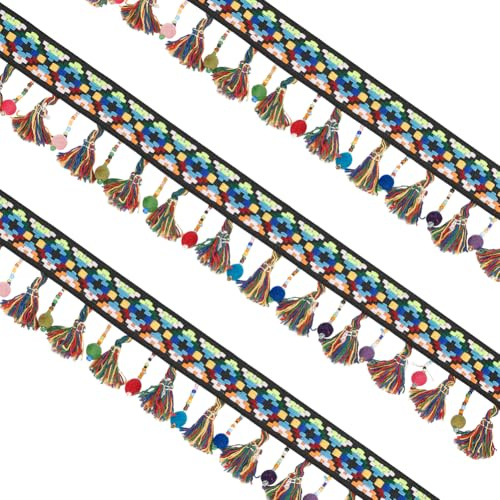 FINGERINSPIRE 4.5 m Buntes Quastenband Mit Pom Pom Perlen 25mm Breit Regenbogen Zopf Jacquard Fransenband Besatz Im Ethnischen Stil Polyester Quasten Spitzenband Für Selbstgemachte Kleidung Zubehör