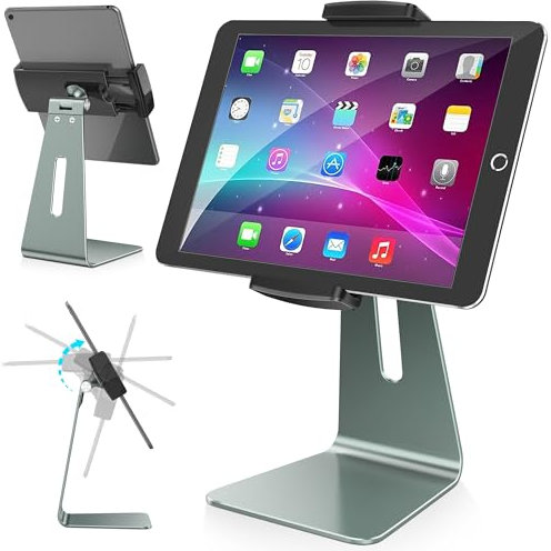 AboveTEK Elegant Aluminum iPad Pro Stand - Swivel iPad Air/Mini Kiosk POS Stand - Two Mount Holders 6~13 Interactive iOS/Android Tablet Stand for Retail Store Showcase/Office Desk/Kitchen Countertop