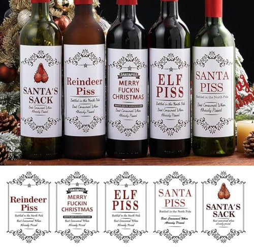 Paquete de 5 divertidas etiquetas de vino de Navidad para botellas, calcomanías de botella de broma, etiqueta divertida para botella de vino feliz, calcomanías de botella de champán de Papá Noel,