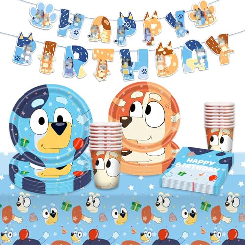 Blue-Y Pappteller Kindergeburtstag Deko Jungen Mädchen- Blau Dog Geburtstag Geschirr Set Geburtstagsdeko Partygeschirr Party Supplies Deko Birthday Banner Tischdecke Servietten Teller Tassen 10 Gäste