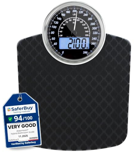 Adamson Hybrid 2-in-1 Analog & Digital Weighing Scale for Body Weight up to 400lbs - Thick Tempered Glass - Extra Large Display - Easy to Read Digital Bathroom Scale - New Version - Black Diamond