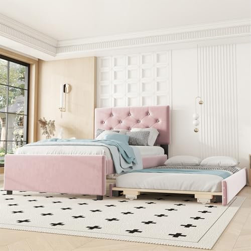 LuxeLiving Lit capitonné simple 90 x 200 cm, cadre de lit pour adolescent, avec sommier à lattes et lit gigogne 90 x 190 cm, lit d'appoint, lit d'enfant, en velours rose