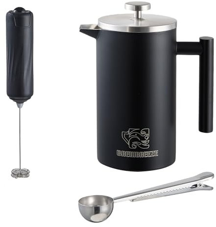 Brewbreeze French Press Set I Kaffeebereiter, Thermo, Kaffeepresse, für Filterkaffee, 1 Liter, Milchaufschäumer, doppelwandig, isoliert, Edelstahl (Schwarz)