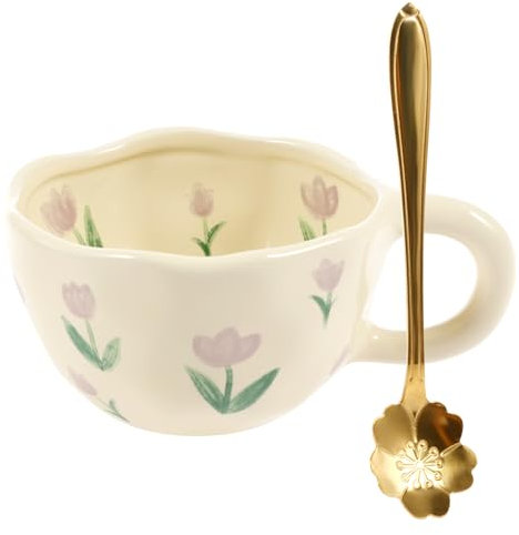 Cute Coffee Mug,Ceramic Tea Mug,Kawaii Coffee Cup,Handmade Mug,Creative Flower Pink Mug with Spoon,Aesthetic Mugs for Milk Cappuccino Cocoa,300ml Cheery Mugs Gift for Women Christmas(Purple)