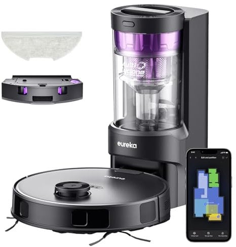 Eureka Robot Aspiradora con estación de Vaciado automático sin Bolsa, aspiradora robótica y Combo de fregona, Capacidad de 45 días, succión de 4000 Pa, mopa de elevación automática, navegación LiDAR,