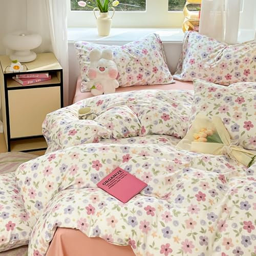 Covebett Bettwäsche 220x240 Weiß mit Bunt Blumen Blümchen Blumenmuster Botanisch Bettwäsche Set Blumenwiese Pflanzenmuster Gewaschene Microfaser Bettbezug Reißverschluss und 2 Kissenbezug 80x80