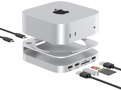 Akyyajaure Mac mini Hub: 9 in 1 Aluminum Stand & Dock for Mac mini M4 Pro with M.2 NVMe SSD Enclosure, 10Gbps USB-A*2, SD/TF Card Readers, USB 2.0
