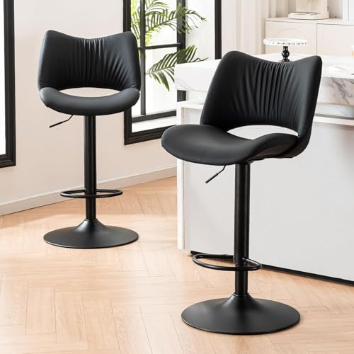 YOUNUOKE Bar Stools Set of 2, Adjustable Breakfast Bar Stools, Black | Open Back Counter Height Barstools, PU Leather Modern Armless Kitchen Bar Chairs with Thickened Seat, 300LBS Support