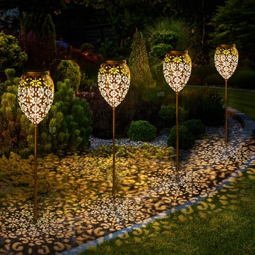 JOYCREATOR Solarlampen für Außen Garten 4 Stück, Orientalische Garten Solarleuchten für Außen Metall IP65 Wasserdicht, LED Gartenleuchten Solar Bronze 52/69 cm mit Erdspieß für Balkon Terrasse