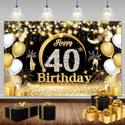 ZAHRVIA 40. Geburtstag Banner Schwarz Gold, Premium Stoff Geburtstagsdeko mit Metallösen, Wiederverwendbarer Hintergrund für 40. Geburtstagsparty Deko, Geschenk für Mann, Frau