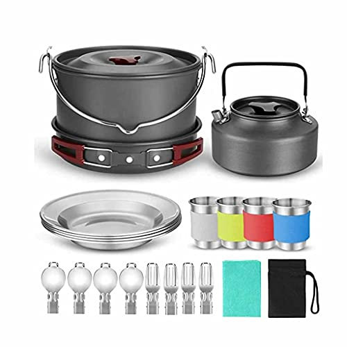 GSZCCZS Camping Cookware 22-Piece Mess Kit, Large Hanging Pot Pan Kettle, Spoon Set for Outdoor Camping Hiking and Picnic