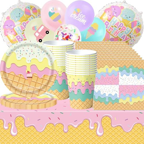 Geschirr für eine Eiscreme-Party mit Tellern, Bechern, Servietten, Tischdecken und Latex- und Konfettiballons mit Eiscreme-Motiven, Aluminiumfolienballons für eine Geburtstagsfeier für 20 Kinder