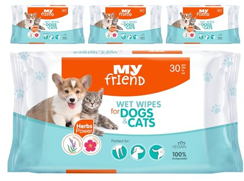 My Friend Hundetücher & Katzentücher (120 STK) – Biologische Pflegetücher für Pfoten, Augen, Ohren & Fell – Nachhaltige Feuchttücher Hund – Vegan & Biologisch abbaubar – Lavendel