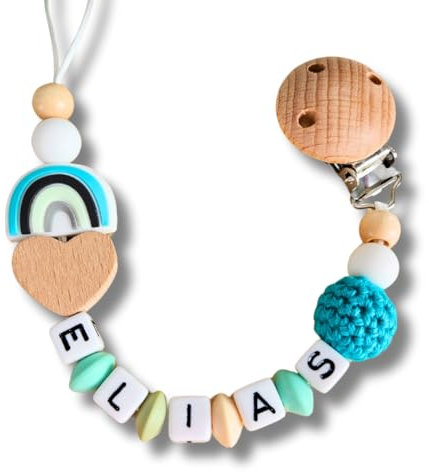 Lovely Personalisiertes Baby Geschenk, Mädchen/Junge, Schnullerkettchen mit Name, Schnullerband, verschiedene Farb-Varianten (3.Türkis)