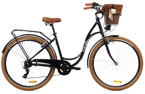 Goetze Mood Damen Citybike 28 Zoll | 18 Zoll Aluminiumrahmen | 7-Gang Kettenschaltung | V-Bremse | LED-Beleuchtung | Rattankorb | Gepäckträger | Tiefeinsteiger | Komfortsattel