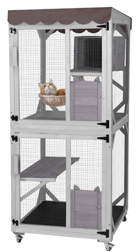 X-ZONE PET Catio Outdoor Cat Enclosure on Wheels Indoor Kitty House with Cat Bed, Scratching Post, Jumping Platforms, Waterproof Roof （Grey）80CM/Lx80CM/Wx182.5CM/H