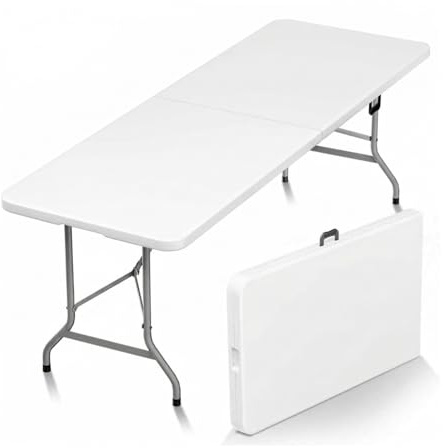 YOEVU - Mesa Plegable 240cm | Diseño Tipo Maleta con Asa | Resistente y Portátil | Capacidad para 8-10 Personas | Ideal para Interiores y Exteriores | Blanco | Plástico