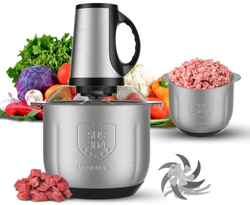 Picadora Eléctrica 4L con Bol de Acero Inoxidable 304, Motor Potente de 300W de Cobre Puro, 3 Velocidades, Upgrade Double S-Blades, Ideal para Carne, Verduras y Frutas