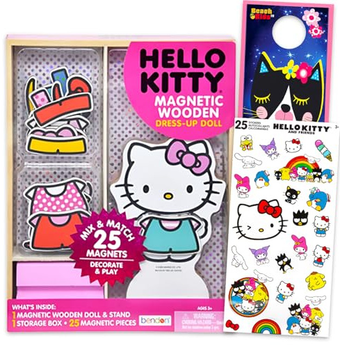 Hello Kitty Magnetic Wooden Doll Set - Activity Bundle Sanrio Dress Up Doll with 25 Clothing Accessories, Stickers, Door Hanger | Hello Kitty Toys for Girls