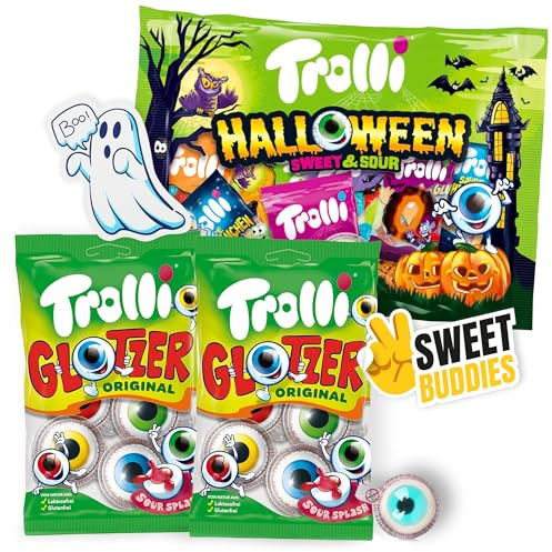 Trolli Glotzer & Halloween Sweet & Sour Bundle – 2x Glotzer Augen + 1x Halloween Mix + Geister Sticker + Sweet Buddies Aufkleber – Süß & Sauer Fruchtgummi Set für Party & Geschenke