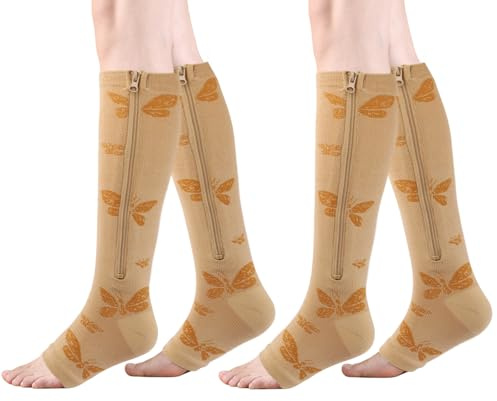 HYCOPROT Chaussettes de Compression Médicale à Glissière 15-20 mmHg 2 Paires Bas de Contention Ouvert pour Femmes et Hommes Soutien Varices Course Pied Grossesse Infirmières Voyages