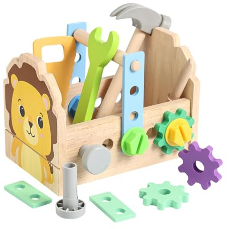 predolo Holz Werkzeugkasten Kinder Werkzeug Set Spielzeug Bausatz Schraubendreher Schraubenschlüssel Lernspielzeug zur Förderung der Feinmotorik für