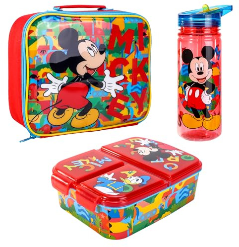 Disney Mickey Mouse Kids Childrens Lunch Box Set – Insulated Lunch Bag, Multicompartment Lunch Box & 580ml Water Bottle - School Travel Lunch Food Set, BPA Free